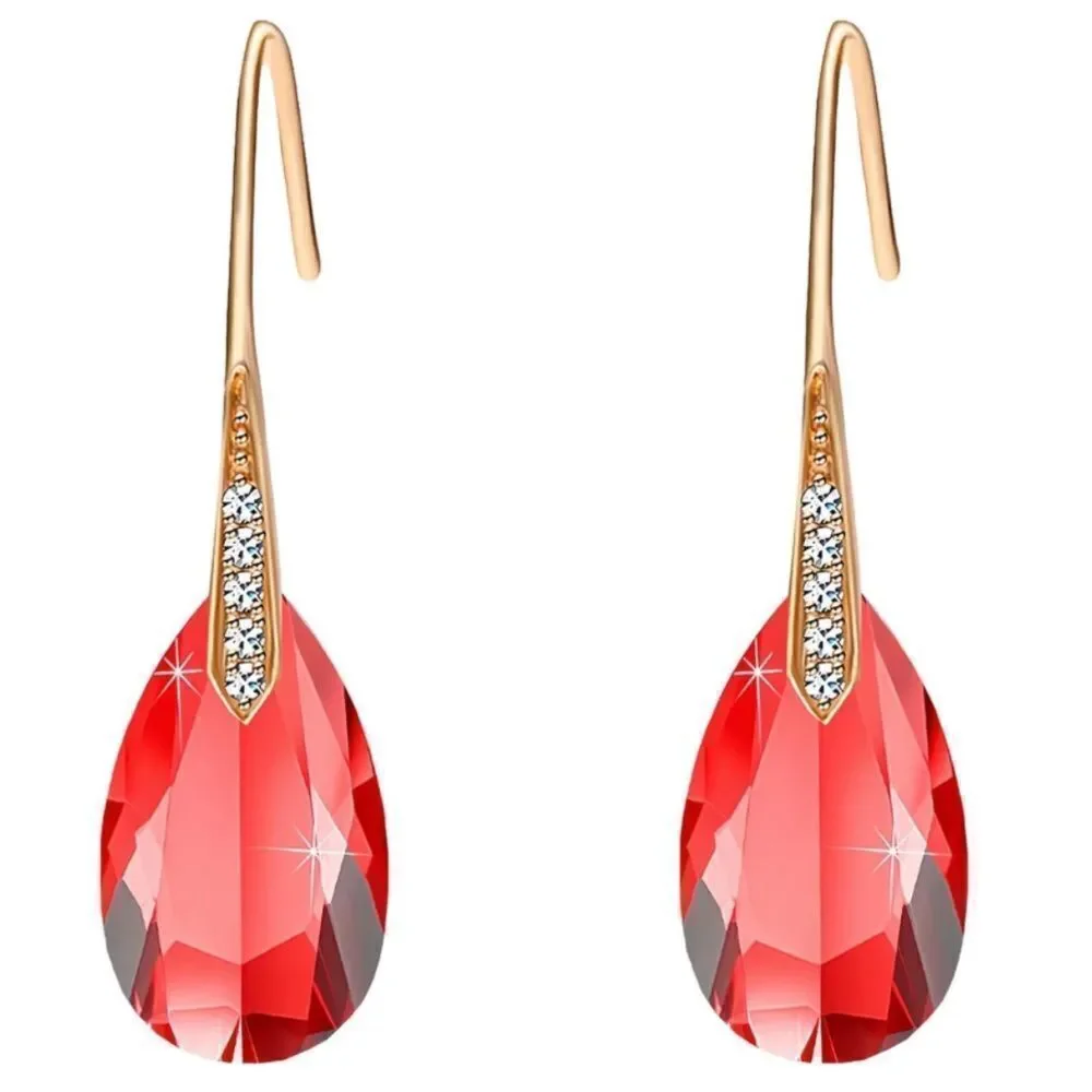 14K Yellow Gold with Ruby Red Austrian Crystal Teardrop Drop Hook Earrings